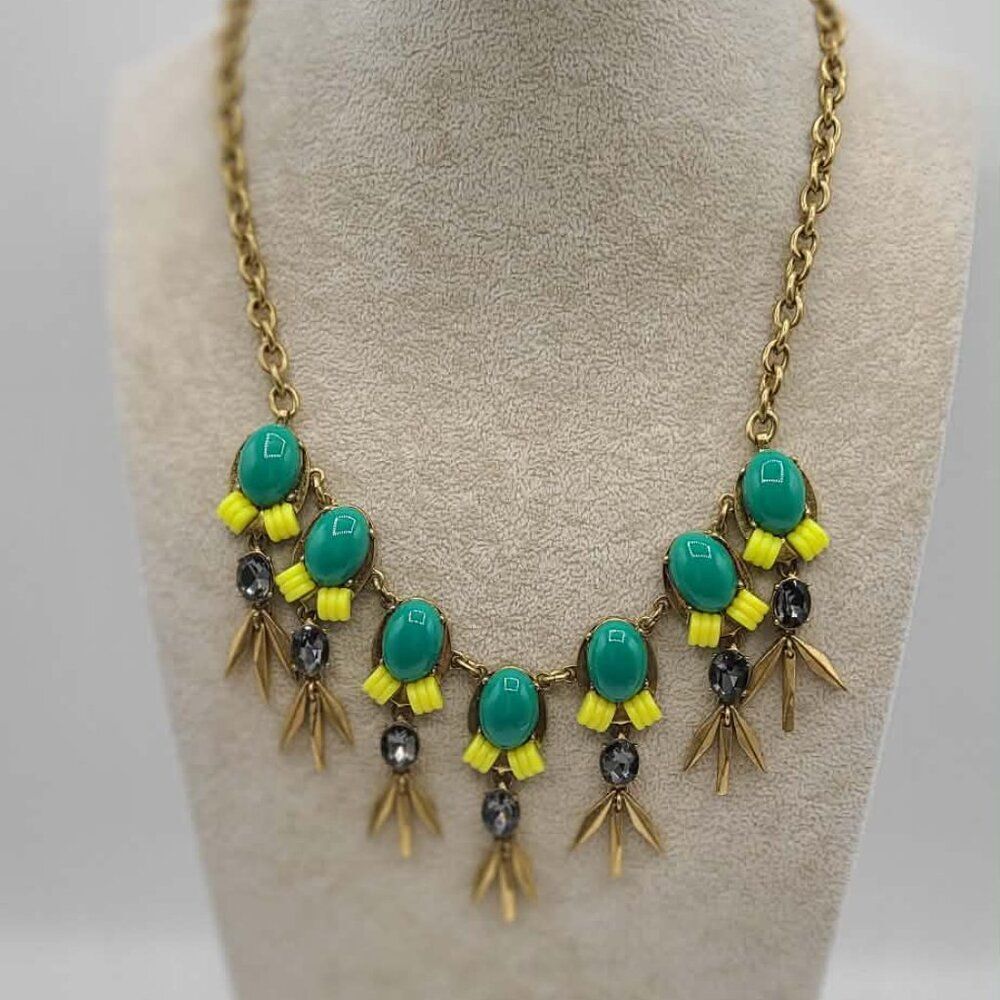 J Crew Green Resin Smokey Crystal Gold Tone Necklace